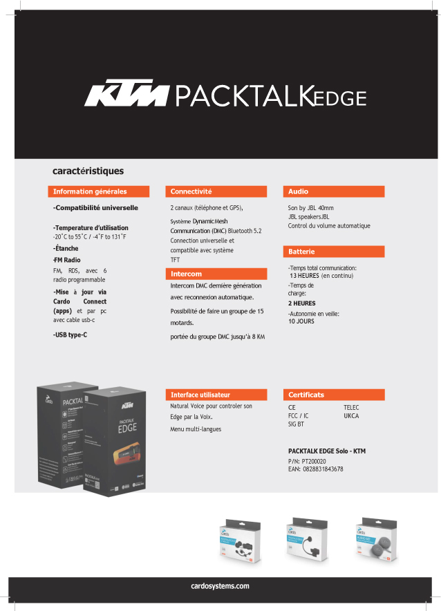 INTERCOM MOTO CARDO PACKTALK EDGE KTM SIZE_POWERWEAR Taille unique